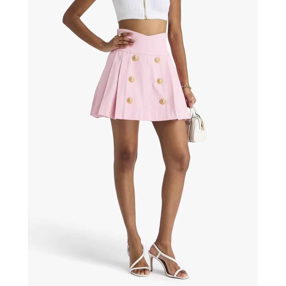 Balmain Paris NWT Embellished 6 Button Pleated Pink Denim Mini Skirt 36 $1445